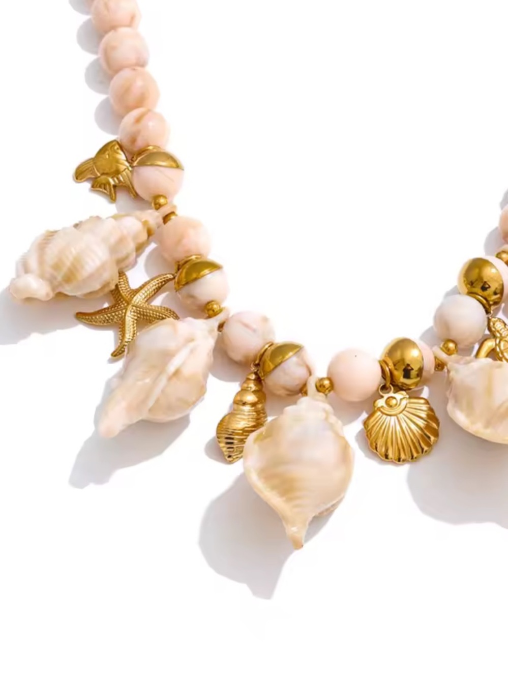 Couture Gold Cream Shell Charm Beaded Necklace - Picture 10 of 11